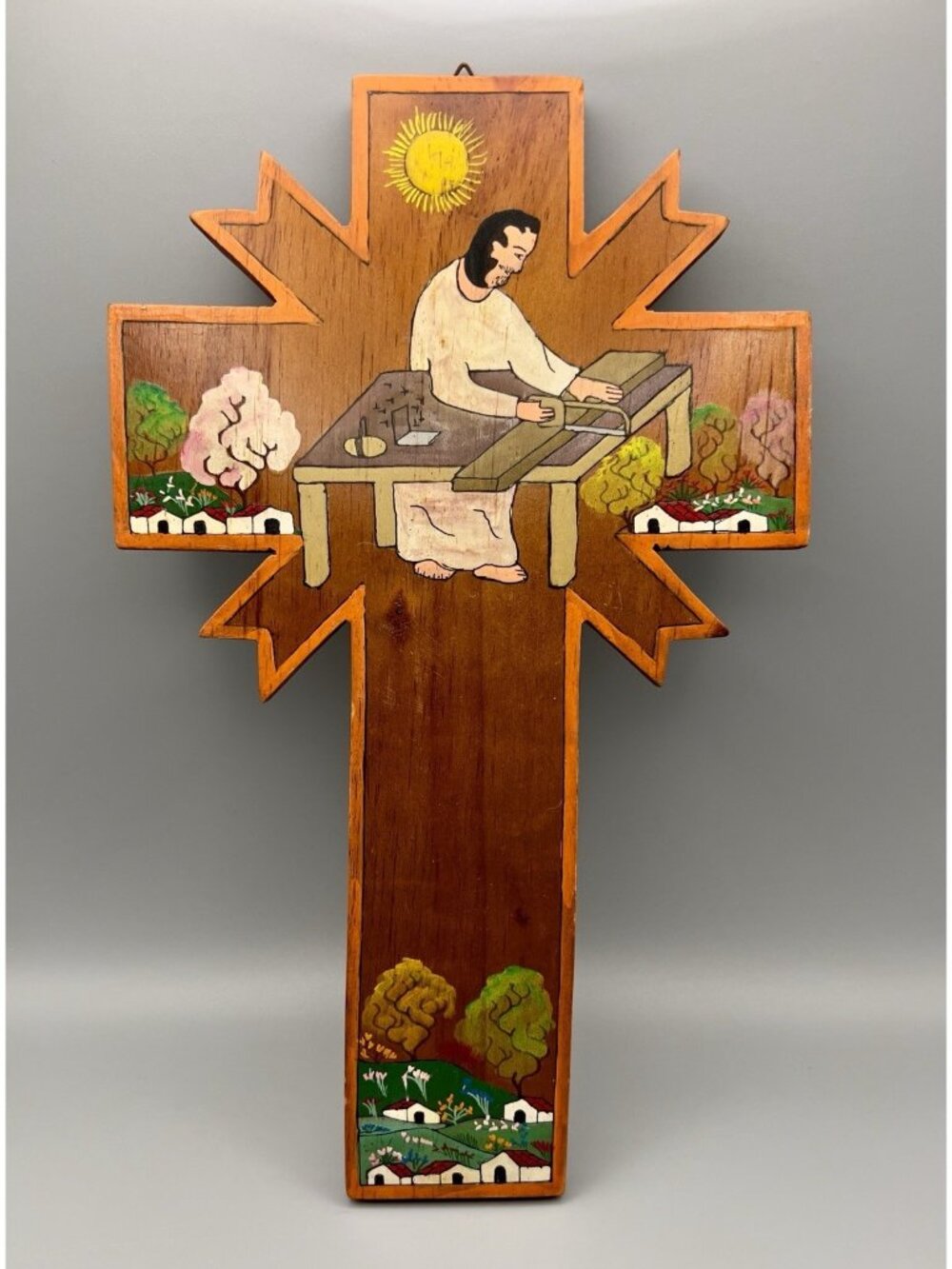 Vintage El Salvador Wood Cross Jesus Carpenter Signed 12” Hand Painted Folk Art